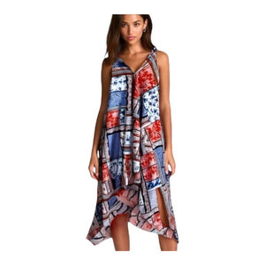 SLNY Bandana-Print Handkerchief-Hem Dress Sleeveless V Neck MIDI Dress